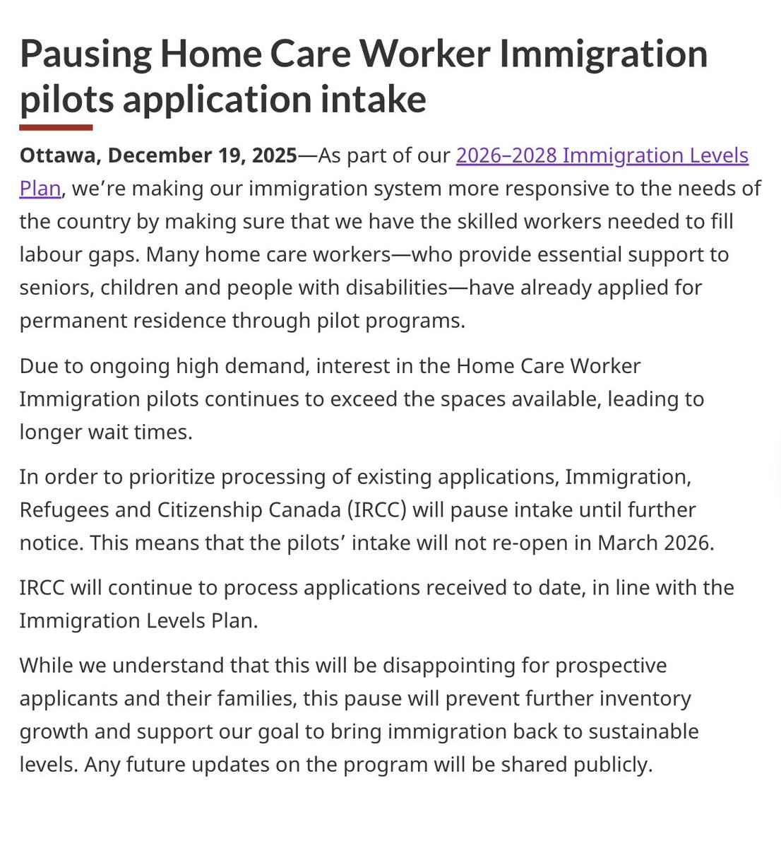 CanadaImmigra20's tweet image. 🚨 #Breaking : Canada pauses intake for Home Care Worker Immigration pilots due to high demand. 

🇨🇦 No reopening in March 2026—focusing on processing existing apps to meet labor needs. 

🇨🇦 Details from IRCC: tinyurl.com/hcare-2026 #ImmigrationCanada #HomeCareWorkers