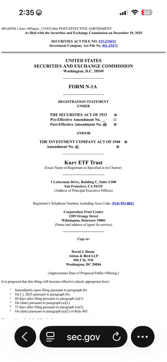 Appeared vs. rejected. Here’s what changed for XRP — again.

Breaking, but not loud. Important, not hyped.

Another quiet filing just hit the SEC.

This time from KURV ETF Trust.

On Dec 19, KURV filed a Form N-1A post-effective amendment for a new product:
• KURV XRP Enhanced