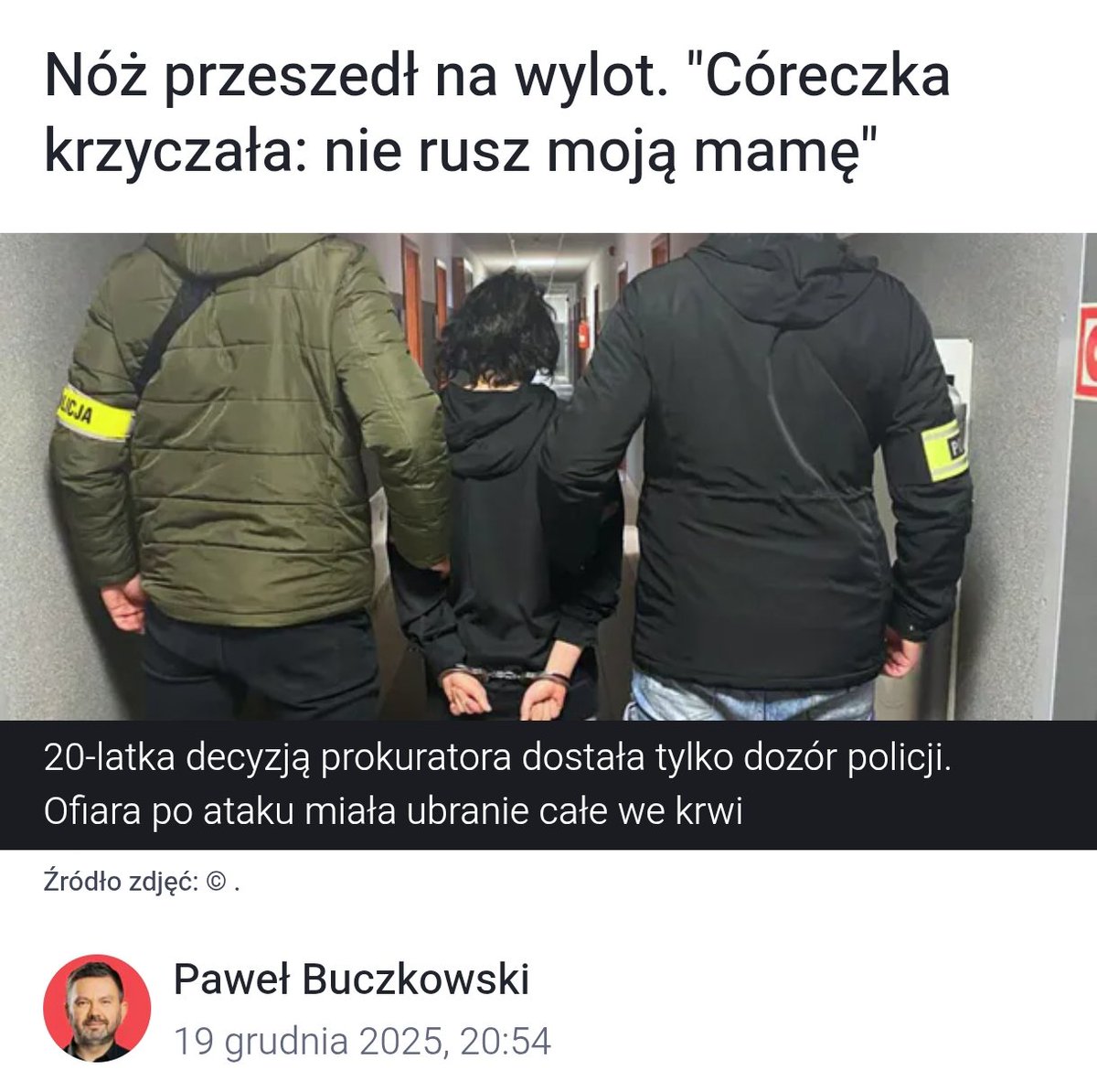 Idziesz sobie z dzieckiem ulicą, pojawia się jakaś furiatka, wbija ci nóz tak, że przechodzi przez rękę na wylot. Krew się leje, dziecko płacze, trafiasz do szpitala, nie do kostnicy, bo wariatka nie trafiła w tętnicę. Czy masz prawo podejrzewać, że organy ścigania odizolują