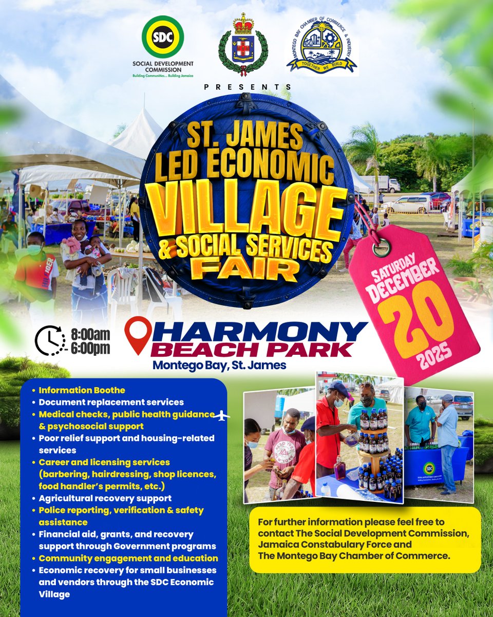Montegonians, tomorrow we will be at Harmony Beach Park along with our partners, offering support, information, and other services. Come get access to medical checks, psychosocial support, document replacement, business support, and so much more! See you there, Montego Bay!