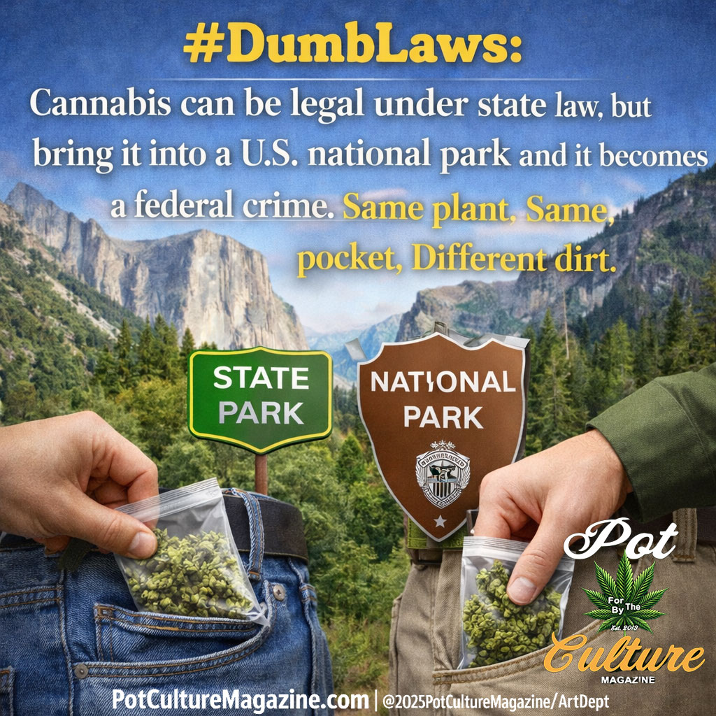 PotCultureMag's tweet photo. #DumbLaws: Cannabis can be legal under state law, but bring it into a U.S. national park, and it becomes a federal crime. Same plant. Same pocket. Different dirt.
#PotCultureMagazine #WeedLaws #FederalVsState #Cannabis #CannabisLaws #CannabisCulture #420Community #WeedLaws #Laws https://t.co/hgyA7AaOsz