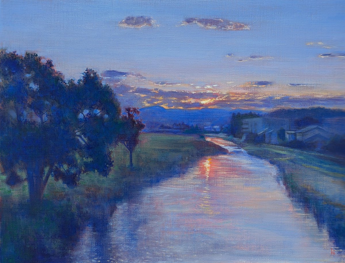 中津川・早暁 油彩 F6 2025 朝焼けの中津川を描きました。 繰り返し