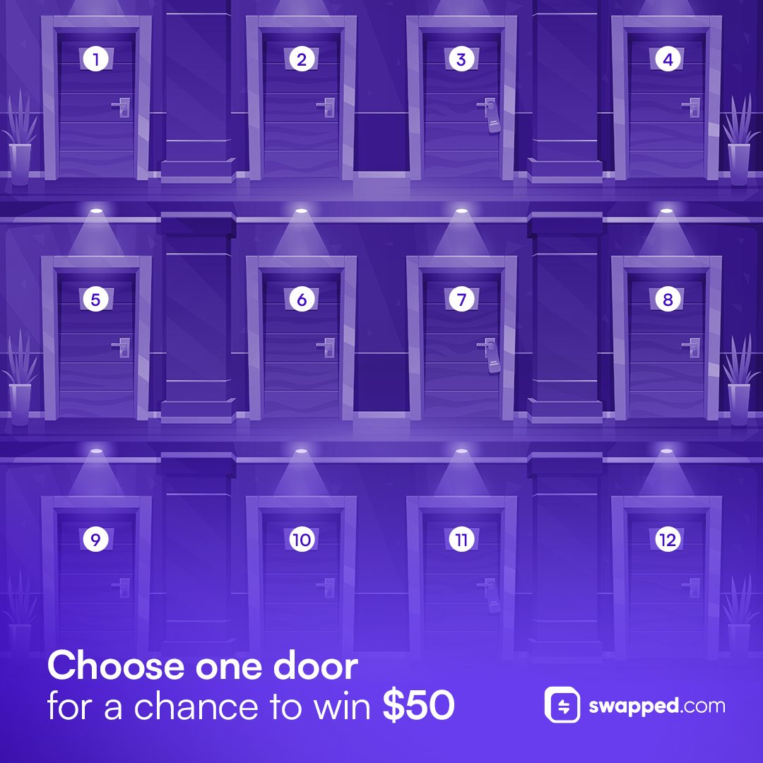 swappedcom's tweet image. One of these doors hides $50! 

One random person who chooses correctly wins $50!

RT + reply to enter