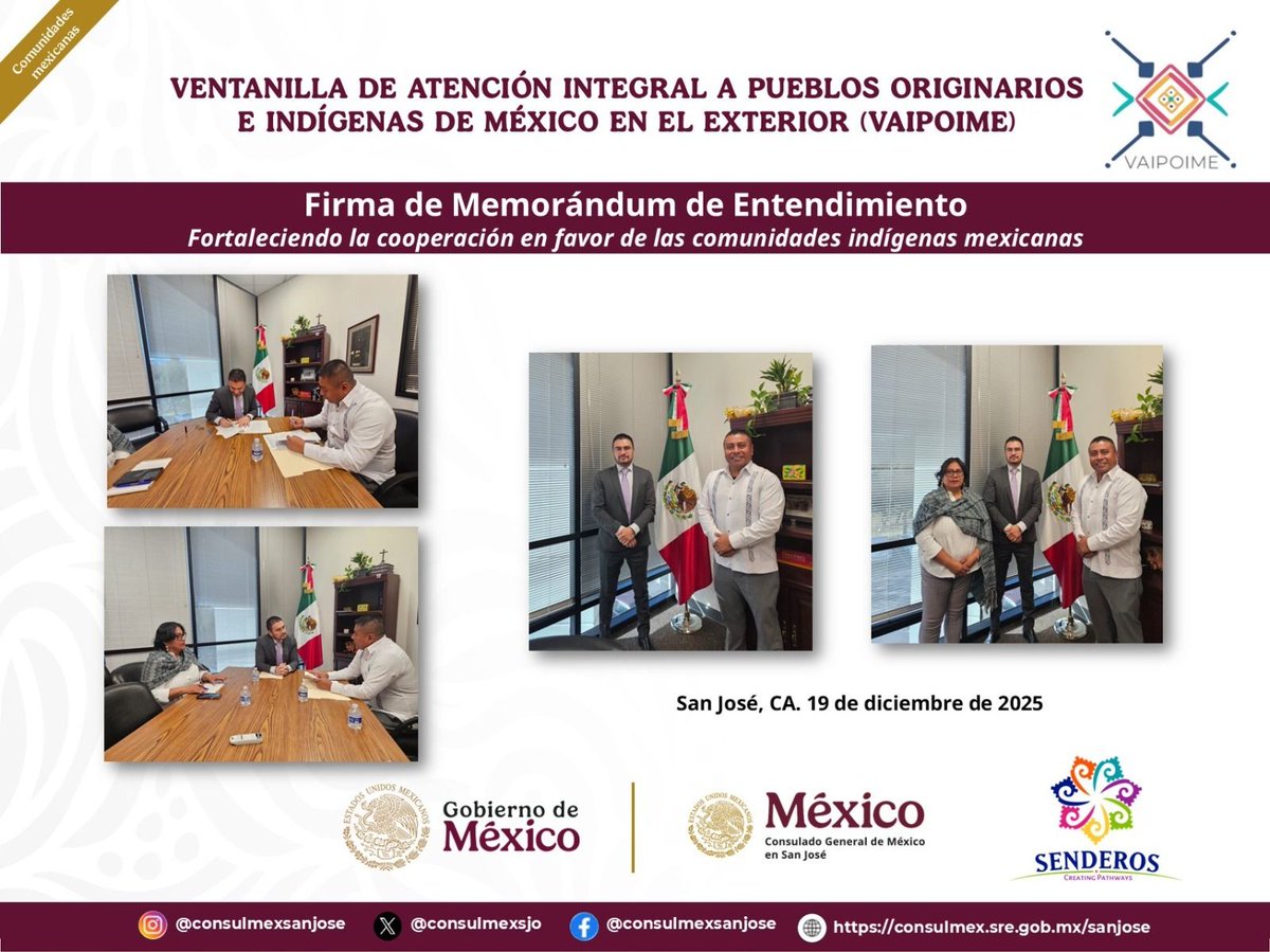 consulmexsjo's tweet image. El Consulado General, a través de VAIPOIME, firmó un Memorándum de Entendimiento con la organización Senderos para fortalecer la cooperación en favor de las comunidades indígenas mexicanas en el exterior.

#VAIPOIME #ComunidadesIndígenas #IMME