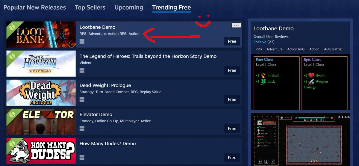 My first game Lootbane: a minimal pixel RPG about loot, choices &amp; greed. 

Trending on Steam (Free) 
 store.steampowered.com/app/4151480/Lo…

#indiedev #gamedev  #pixelart  #indiegame #roguelike