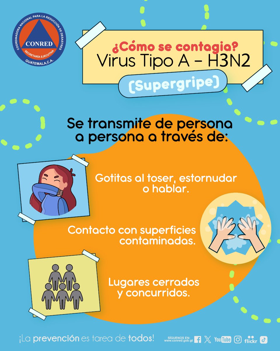 ConredGuatemala's tweet photo. 🦠 El Virus Tipo A – H3N2 (supergripe) se transmite de persona a persona, especialmente en lugares cerrados y concurridos. 

Por ello, es importante conocer cómo se contagia y qué medidas de protección debemos adoptar para reducir contagios.

¡La prevención es tarea de todos! https://t.co/McrMJARYuT