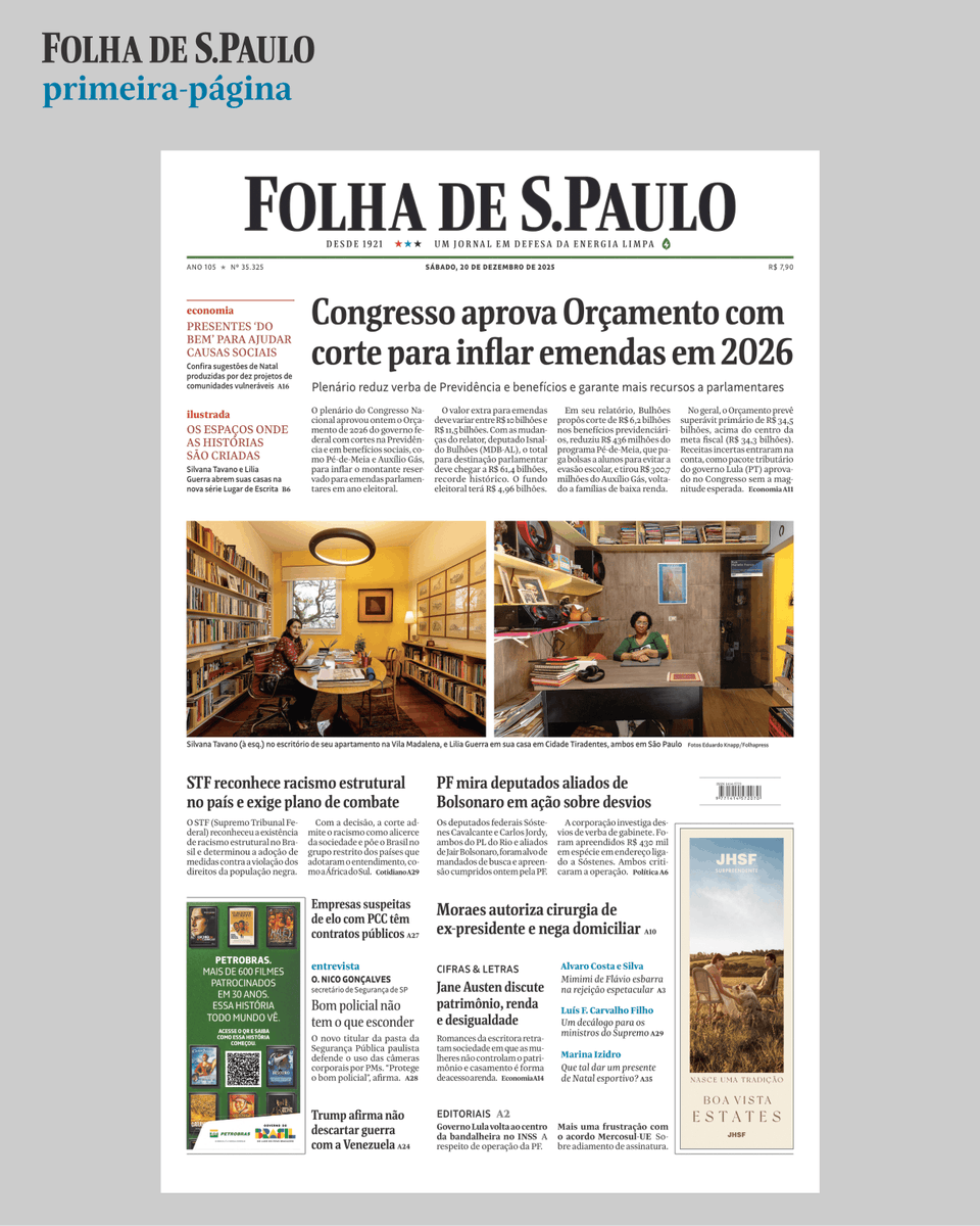 folha's tweet photo. 🗞️ Veja a capa da #folha deste sábado (20).
📲 Leia a edição digital na íntegra em https://t.co/u0sNZR4Sg0
#fsp #folhadespaulo #capadodia https://t.co/FcQ68xegCR