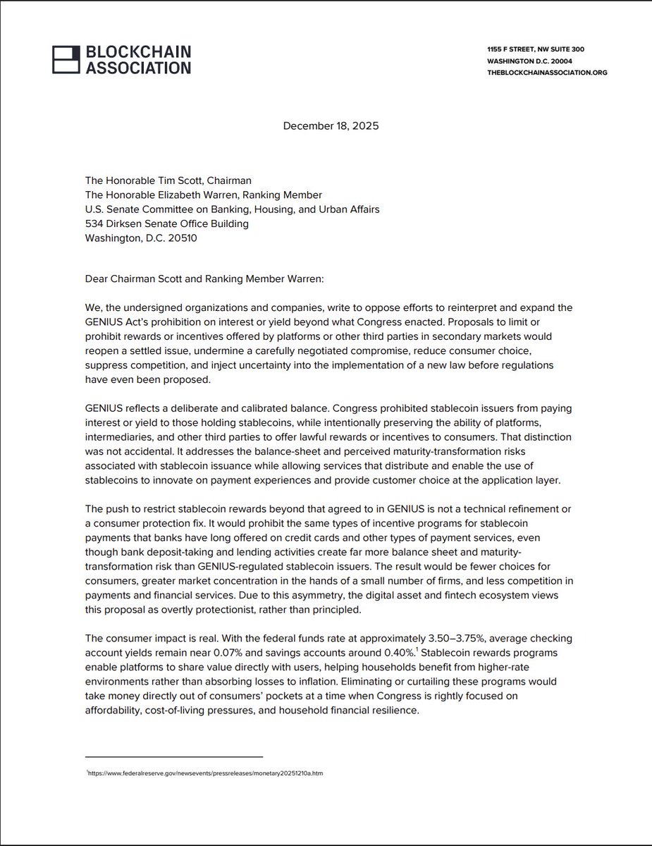 🔴COINTELGRAPH: "Associazioni di settore negli Stati Uniti chiedono al Senato di bocciare i limiti sui rendimenti delle stablecoin: 'Ingiusto per l'innovazione, favore ai banchieri'"