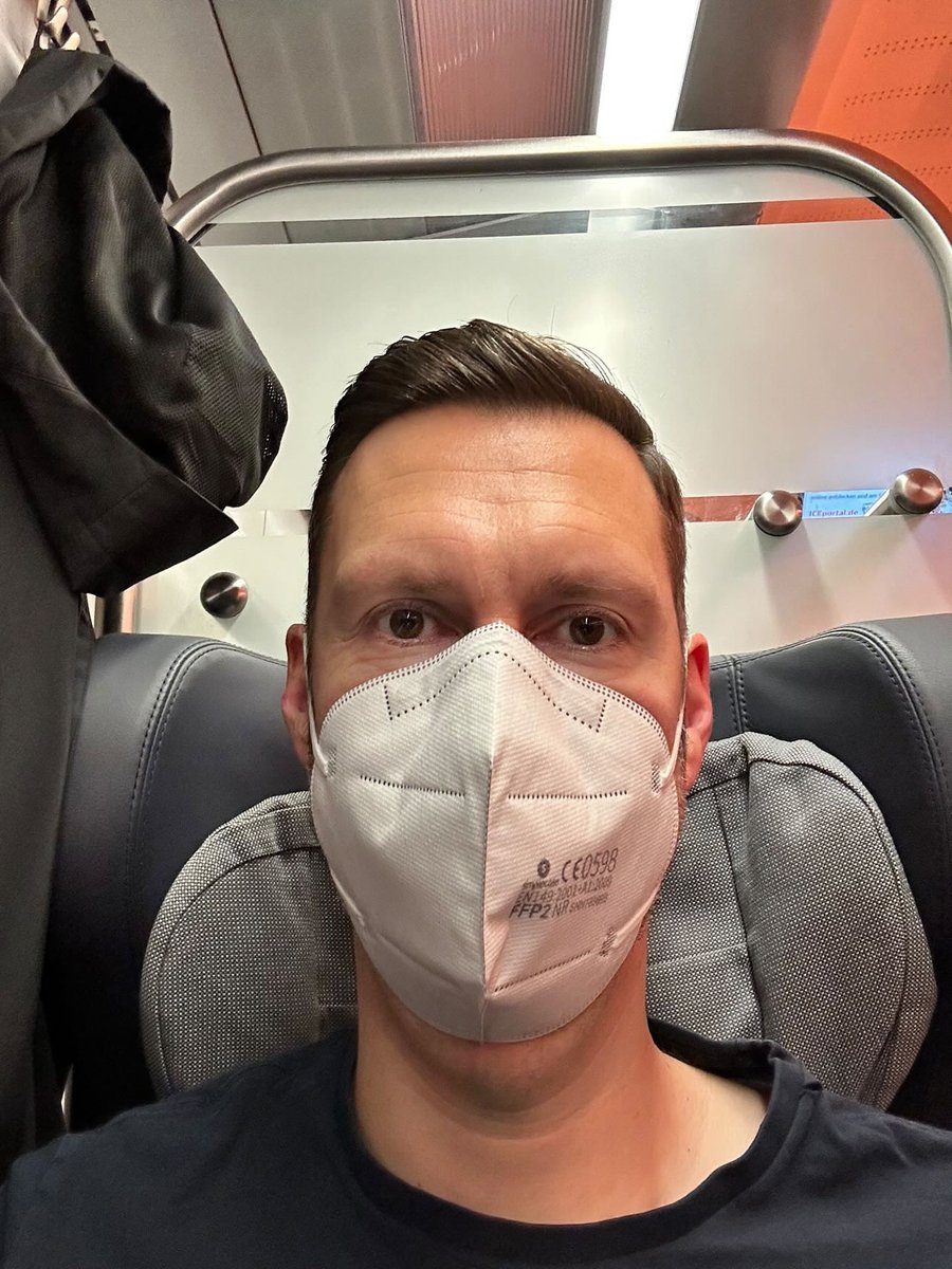 TogetherWeMask's tweet photo. “Hey! I’m traveling to a meeting for my company…as always with FFP2. I also tested myself for COVID in the morning and suggested that my colleagues do the same, and they did! Currently, COVID, flu and RSV are on the rise in Germany.”—Sebastian K on a train. #MaskTogetherAmerica https://t.co/Ur8uh7jEbV
