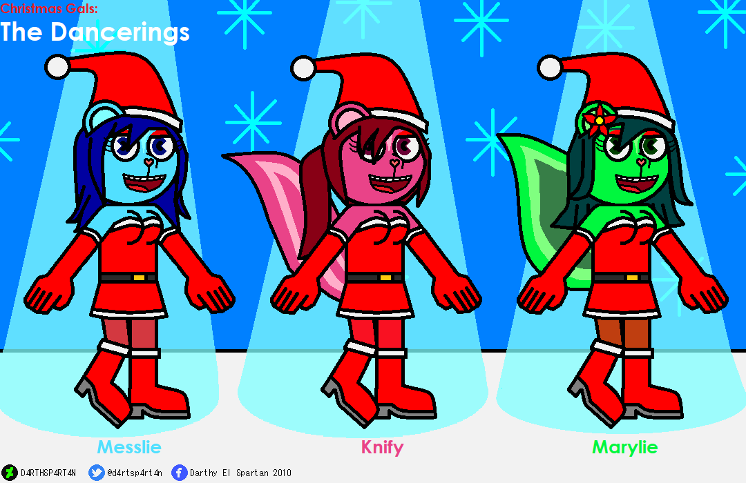 d4rthsp4rt4n's tweet photo. I present my another fanart of the Christmas Gals 🎁🎄
They are the Dancerings 💙❤️💚with their new christmas outfits
I hope like how i got 😉😃
#christmas2025 #htfoc #messlie #knify #marylie #fanart https://t.co/u2TwyzkHd3