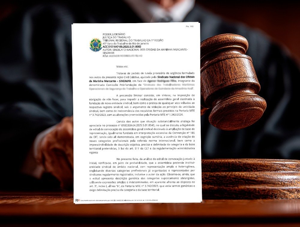 Nesta quinta (18/12), o TRT da 1ª Região emitiu uma liminar em que concede tutela provisória de urgência ao Sindmar após Ação Civil Coletiva contra a criação de um sindicato que pretendia representar marítimos que já têm entidade reconhecida:

instagram.com/p/DSdWLRHlNhM/…