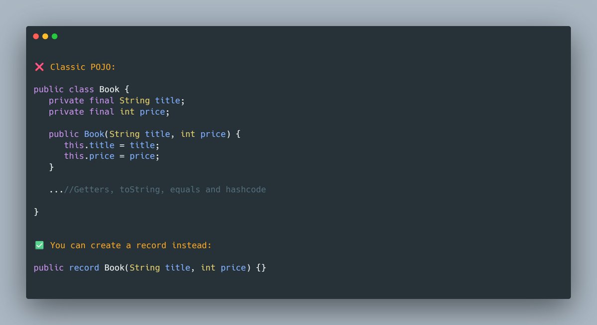 mario_casari's tweet image. Java Tip💡: Starting from Java 14 you can use "record" to create short, immutable, data-carrying objects. 

✅ They are shorter than ordinary POJOs
✅ They have built-in equals(), hashCode(), toString()
✅ They are immutable by default
#Java #JavaDev