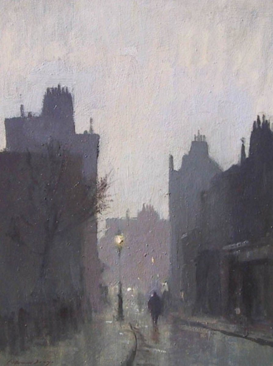 ahistoryinart's tweet image. 'Dusk in Browning Street.' (c1954) Edward Seago painted many views of London throughout his career. His streetscapes from the 1950s are some of his most accomplished, showing to best effect his mastery of light and reflection.