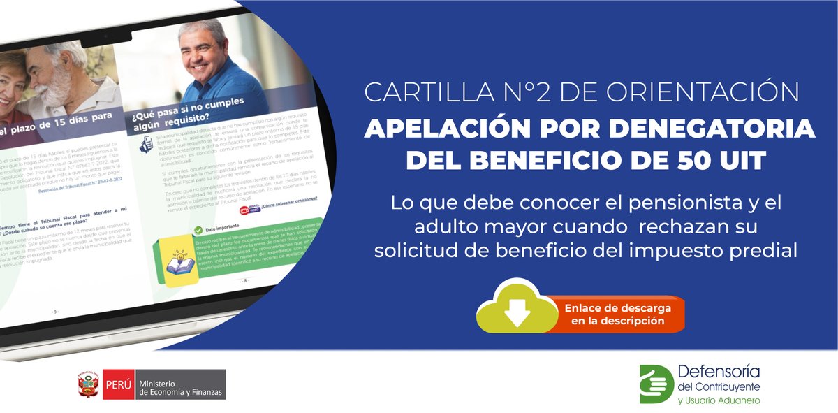 DefContrib's tweet image. Si tu solicitud del beneficio del #ImpuestoPredial fue rechazada, esta información es para ti. Descarga la segunda cartilla de orientación para pensionistas y adultos mayores y conoce cómo presentar tu apelación. mef.gob.pe/defensoria/mem…