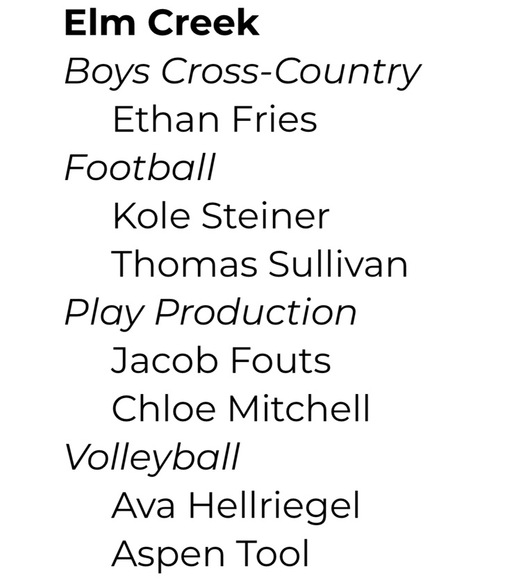 ElmCreekBuffs's tweet image. Congrats to our NSAA Fall Academic All Staters!! Way to get it done in the classroom and in activities and athletics.
