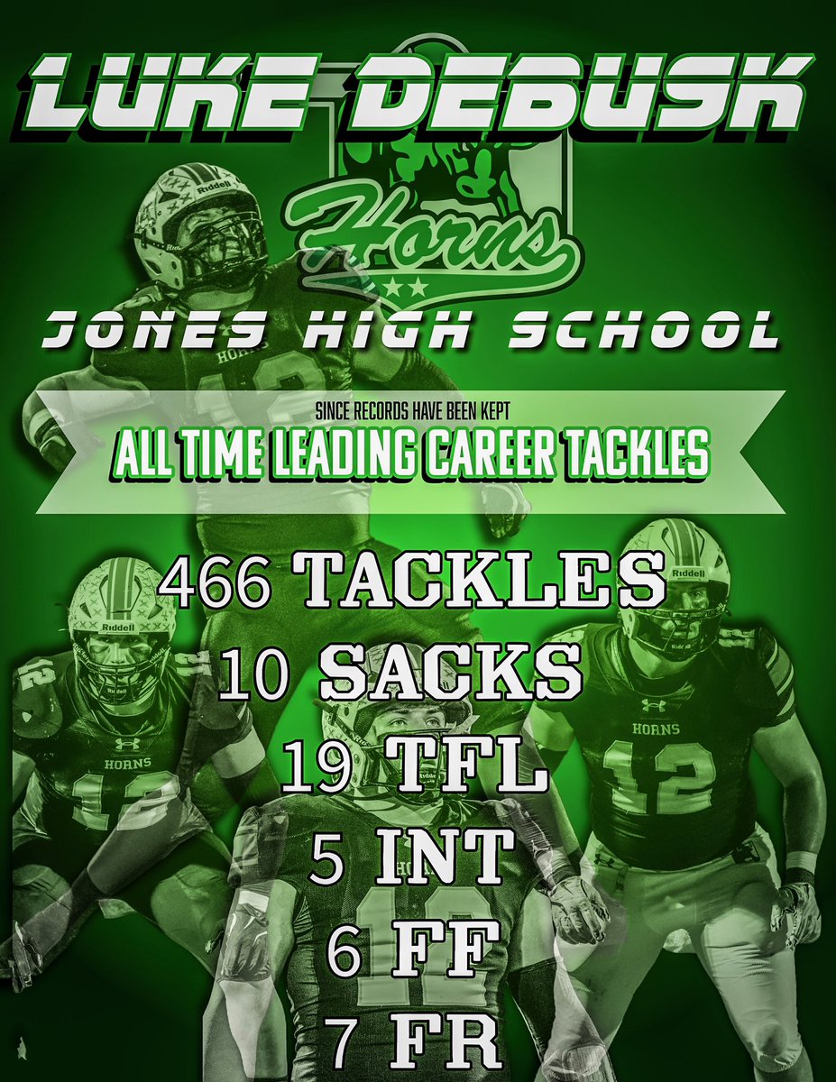 Congratulations to <a href="/Luke_DeBusk/">Trenton Luke DeBusk</a> on becoming the ALL-TIME LEADING TACKLER in Jones High School football history!

Relentless effort. Toughness. Consistency. Leadership.
Luke’s name is now forever etched in Longhorn history.

🤘🏽🐂

#TTHL #H2K