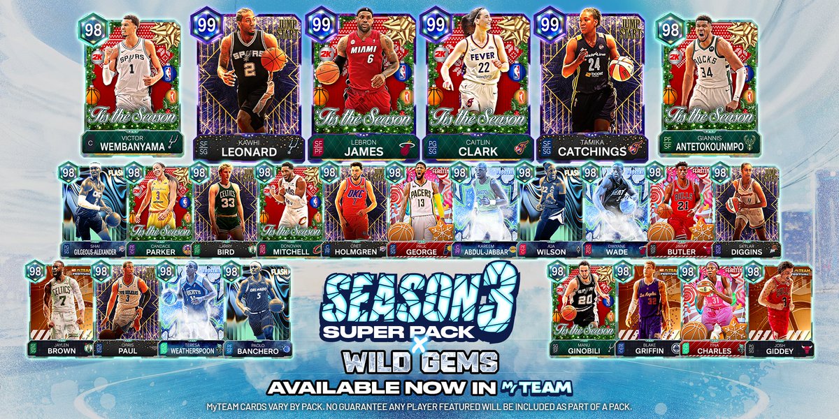 NBA2KMyTEAM's tweet image. 🚨 Season 3 x Wild Gems Super Packs are LIVE! 💠🔥

Stacked with stars from every Season 3 release and Wild Gems collaborations 💥

Plus, the Season 3 50 Box is also available with a guaranteed ☄️ Pink Diamond Topper 🤯

These packs also include Dr. J Event Cards &amp;amp; Winter…