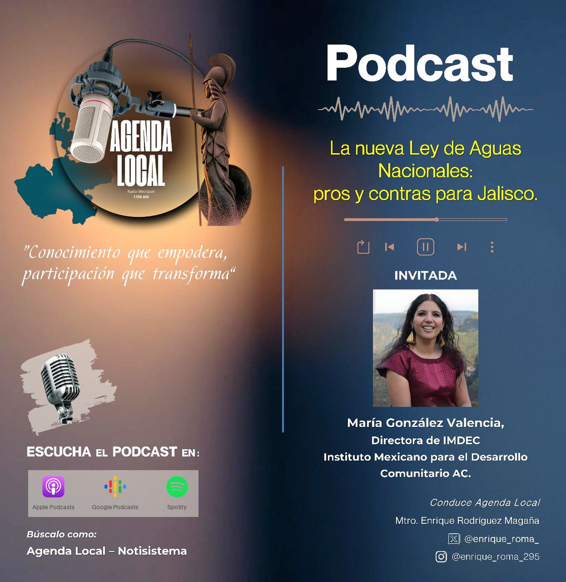 imdecac's tweet image. 💦📣#EsTiempoDePodcast🎙   
¿Te perdiste #AgendaLocal en vivo? 
¿No recuerdas lo que se dijo sobre la nueva Ley de Aguas y su impacto en Jalisco?  
Escucha el podcast desde:
notisistema.net/radio_metropol…