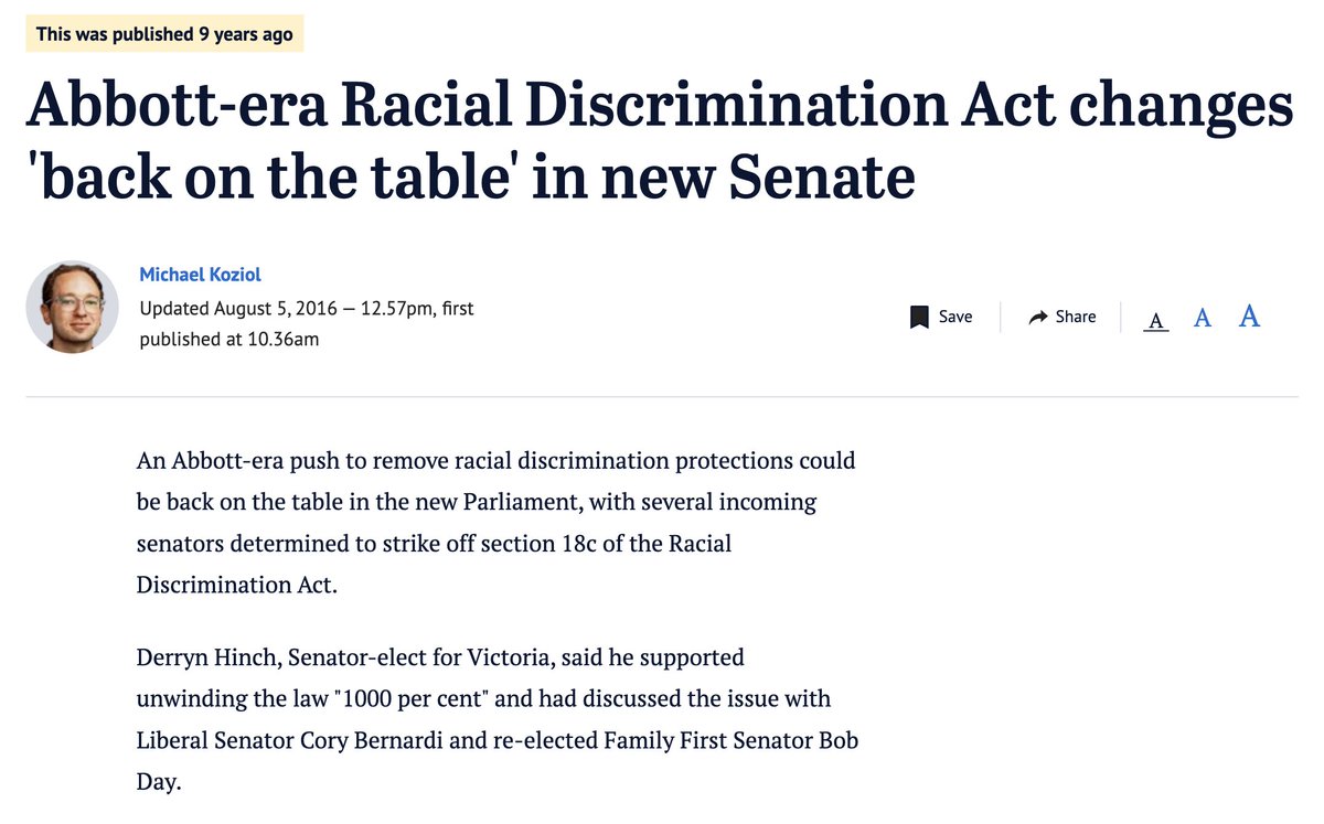 aaronsmith's tweet photo. The Libs repeatedly attacked 18C.

Abbott took repealing 18C to the 2013 election after Andrew Bolt was found to have breached it.

Now Libs oppose hate speech and blame Labor for not strengthening laws they spent years opposing.

Ideology when it suits, amnesia when it doesn't. https://t.co/WKJynCqYCA
