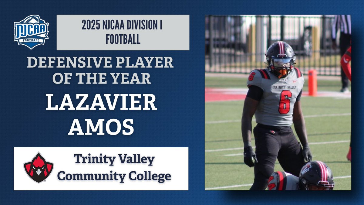 NJCAAFootball's tweet image. @TVCCFOOTBALL Lazavier Amos is your 2025 DI #NJCAAFOOTBALL Defensive Player of the Year!💪

🔗Link to Article- njcaa.org/sports/fball/2…