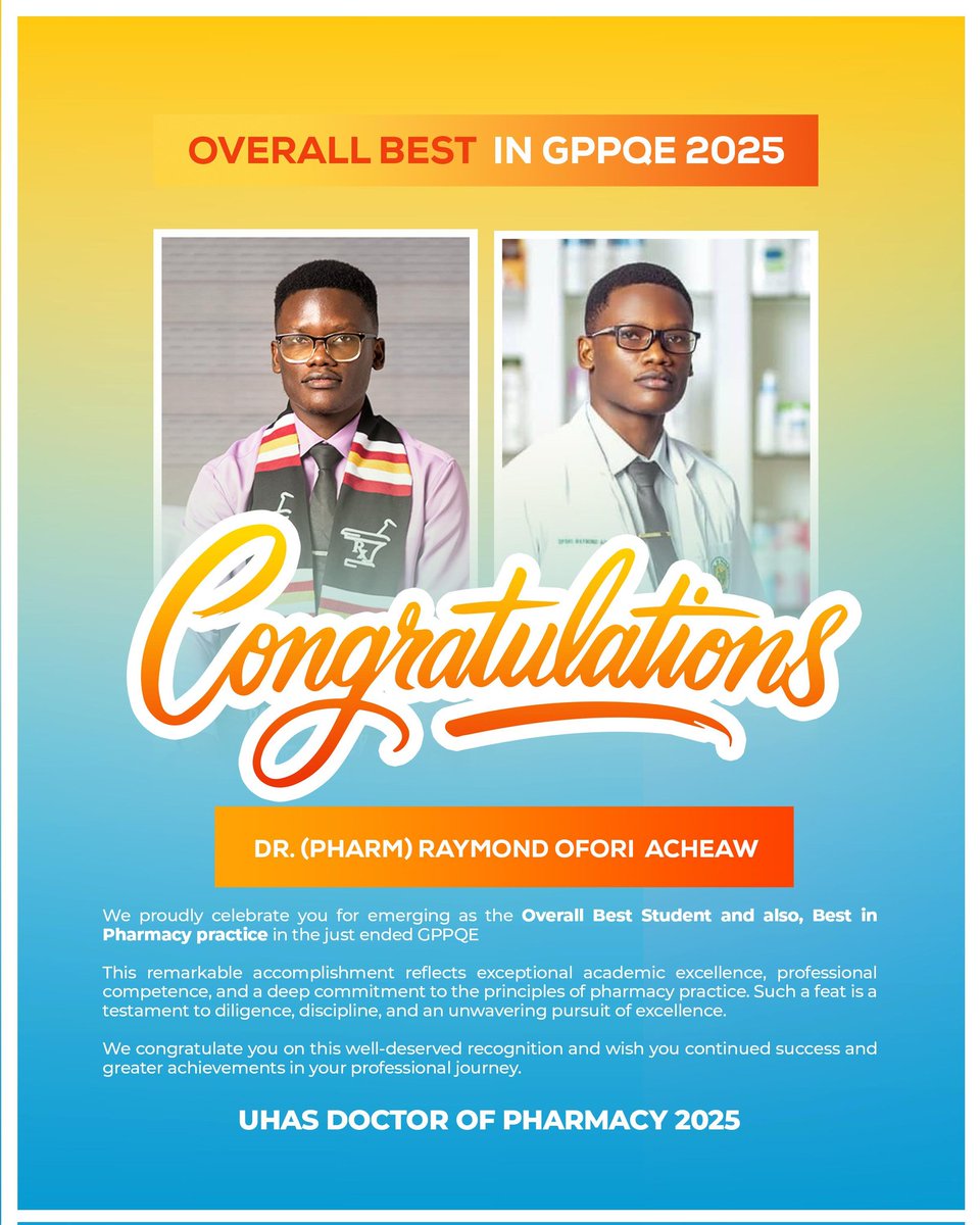 uhasbasetv's tweet photo. UHAS has done it once again🎉

Rx25 secured a 100% pass rate in the   Ghana Pharmacy Professional Qualifying Examination(GPPQE) and also to top it off, producing the overall best student in GPPQE just like their colleagues in Medicine. 
UHAS is winning on all sides unlike Yaanom https://t.co/Suf0inqXea