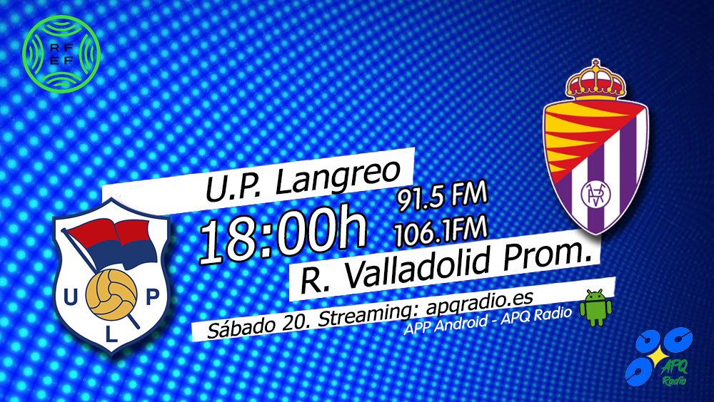 🔴HOY, EN LA BANQUETA DEPORTIVA🔴
🕕 18h (Previa desde las 17:45h)
🏟️ Ganzábal
⚽️ <a href="/UPLangreo/">UP Langreo ⚒</a>  🆚 <a href="/RVcantera/">Cantera Real Valladolid</a>   
🎙️ <a href="/PacoGranda/">Paco Granda</a> | <a href="/Dani_Castelao/">Dani Castelao</a>  
📻 91.5 - 106.1FM Asturias
🖥️ apqradio.es
📱 bit.ly/3oFv0HI