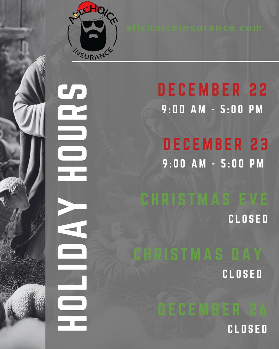 🎄 Holiday Hours 🎄
ALLCHOICE will be open Mon 12/22 &amp; Tue 12/23.
Closed: 12/24, 12/25 &amp; Fri 12/26.
🎁 Reopening Mon 12/29 @ 9AM.
Enjoy the season with friends &amp; family!
#HolidayHours #MerryChristmas #ALLCHOICEFamily