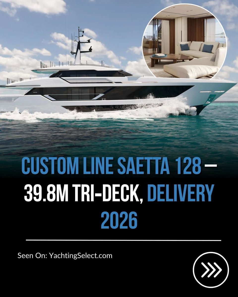 YachtingSelect's tweet image. Custom Line Saetta 128 – 39.8m Tri‑Deck Under Construction ⚓

The largest in the Saetta planing line, this made-to-measure yacht allows full owner customization.

🔗 Read more: yachtingselect.com/custom-line-sa…

#CustomLine #Saetta128 #Superyacht #LuxuryYachting