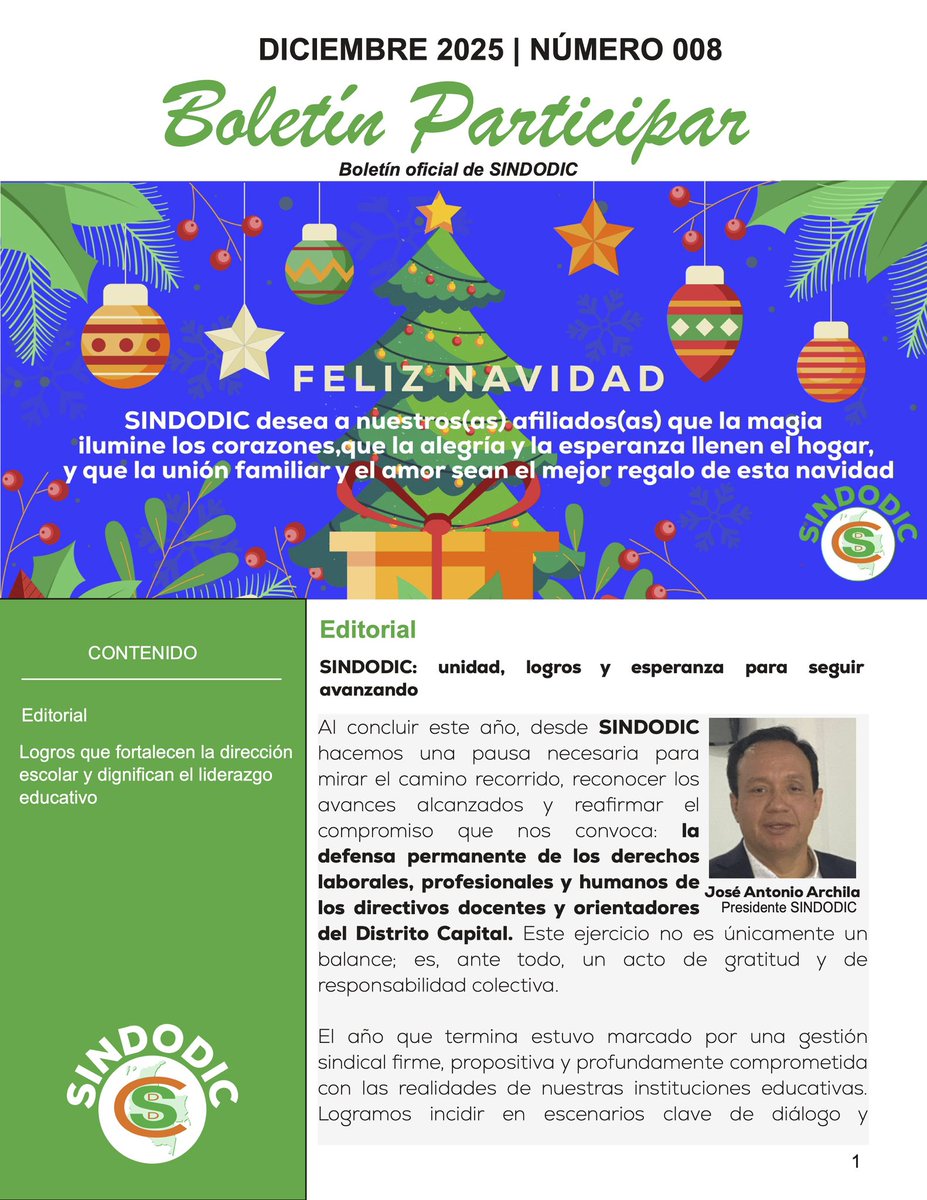 📰 Ya está disponible nuestro Boletín 008 de Diciembre 2025.
Conoce las principales acciones, avances y logros en defensa de los derechos de directivos docentes y docentes orientadores de este 2025

👉 Léelo completo aquí: sindodic.com/wp-content/upl…
#SINDODIC #BoletínInformativo