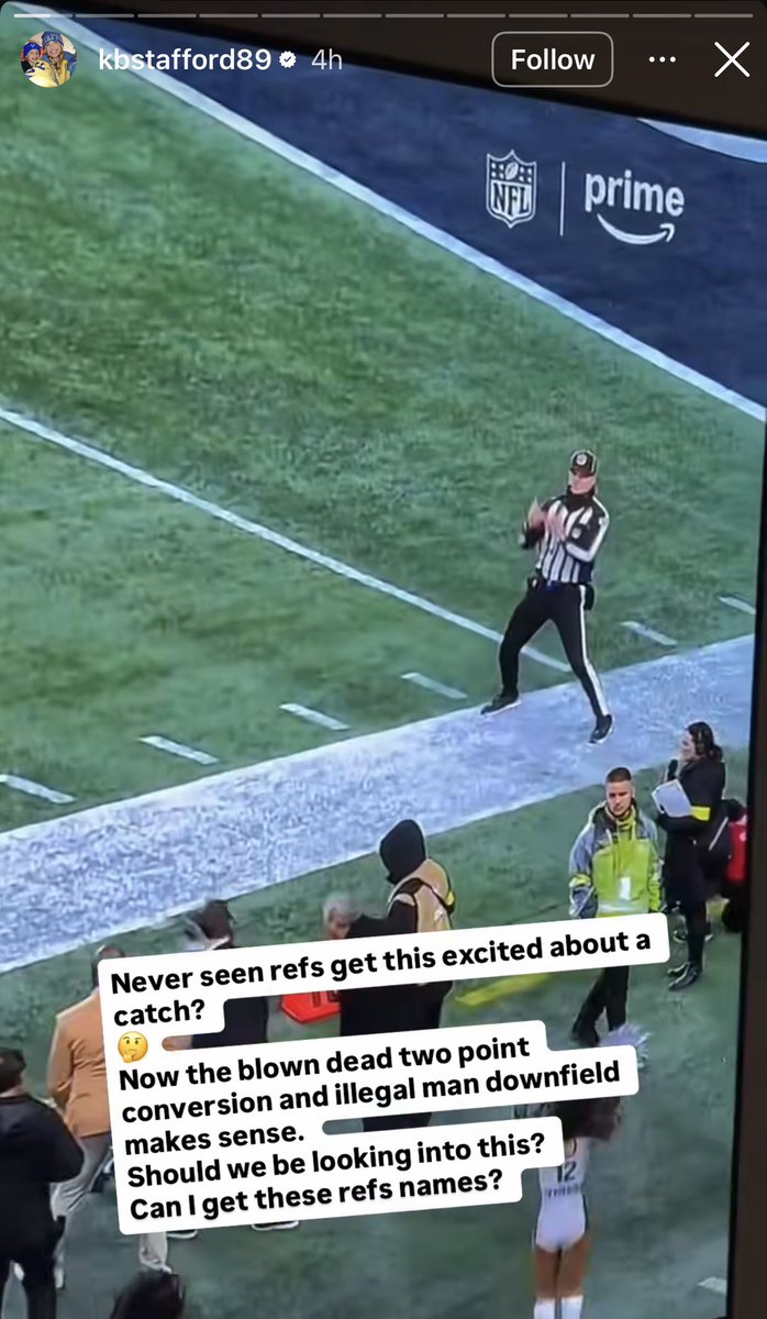 NFL_DovKleiman's tweet image. 𝗕𝗿𝗲𝗮𝗸𝗶𝗻𝗴: Rams star QB Matthew Stafford‘s wife Kelly is demanding that the refs from last night's game be INVESTIGATED and is asking for their names.

“Never seen refs get this excited about a catch? Now the blown dead two point conversion and illegal man downfield makes…