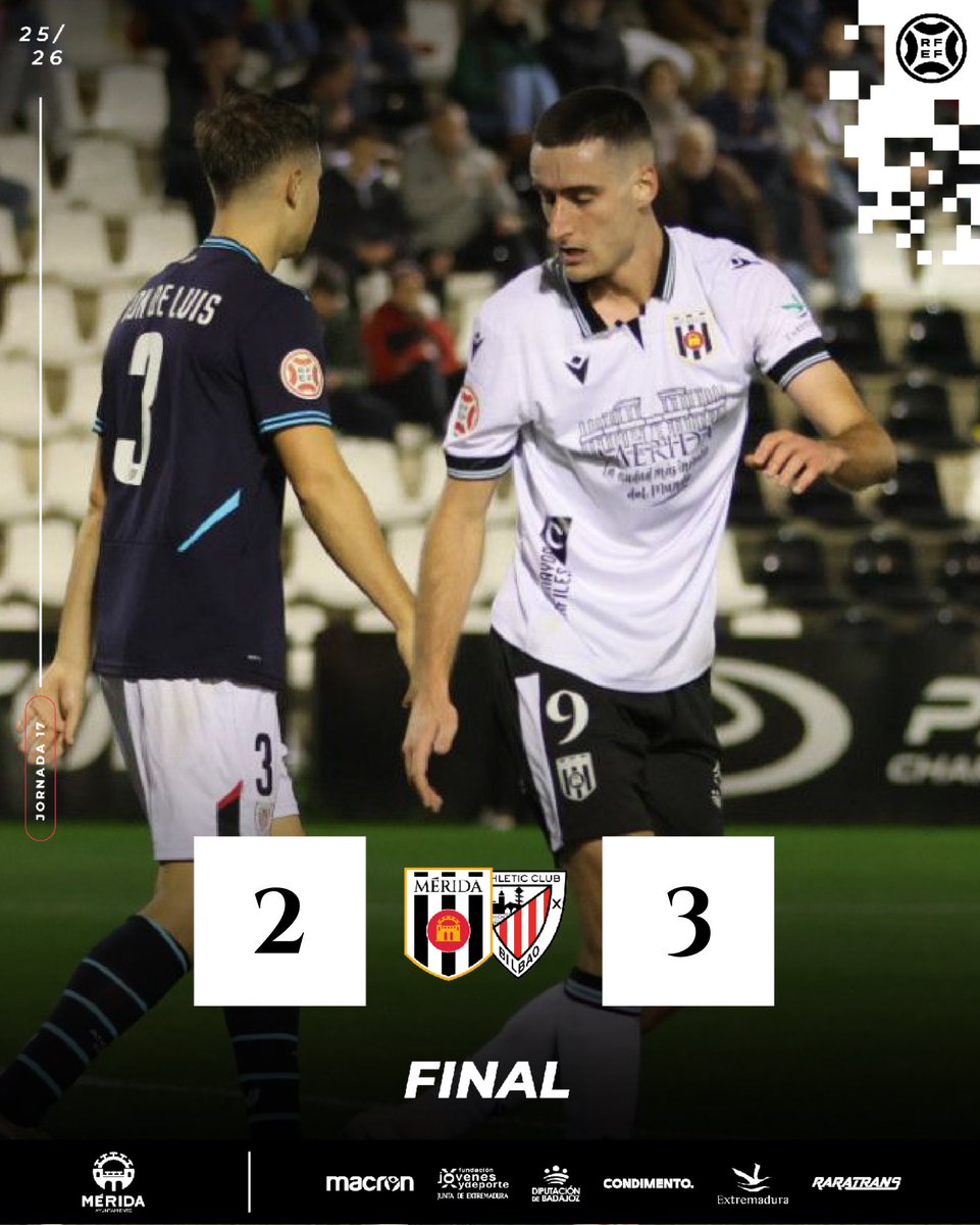 Merida_AD's tweet image. Final del partido en el Romano. No pudimos despedir el 2025 con victoria ante nuestra gente. ¡No nos rendiremos jamás! 💪🏽

@Merida_AD 2-3 #BilbaoAthletic

⚽️ Capi 
⚽️ Areso 

#MéridaBilbaoAthletic