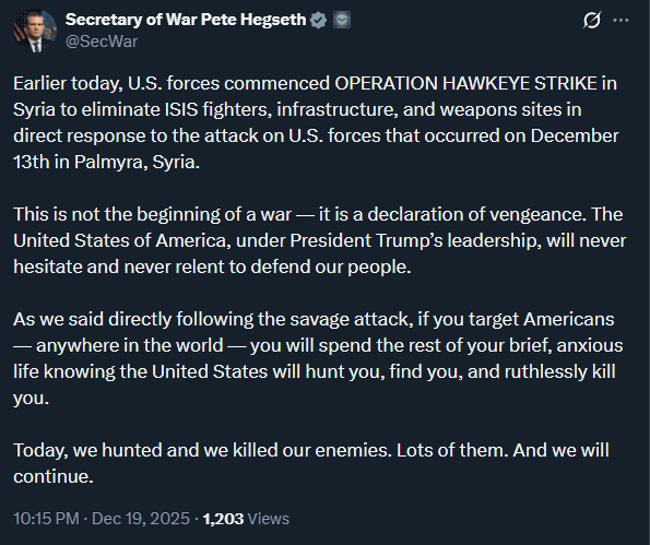 ferozwala's tweet photo. #Breaking
#US strikes #ISIS_Daesh targets in #Syria, New York Times reports - #Reuters
The U.S. military launched airstrikes against several Islamic State targets in Syria, the New York Times reported, citing a U.S. official who spoke on the condition of anonymity.
The attacks come after President Donald Trump vowed to retaliate after an attack on U.S. personnel last weekend in Syria by a suspected Islamic State member.
#Pete_Hegseth statement on U.S. airstrikes in Syria.