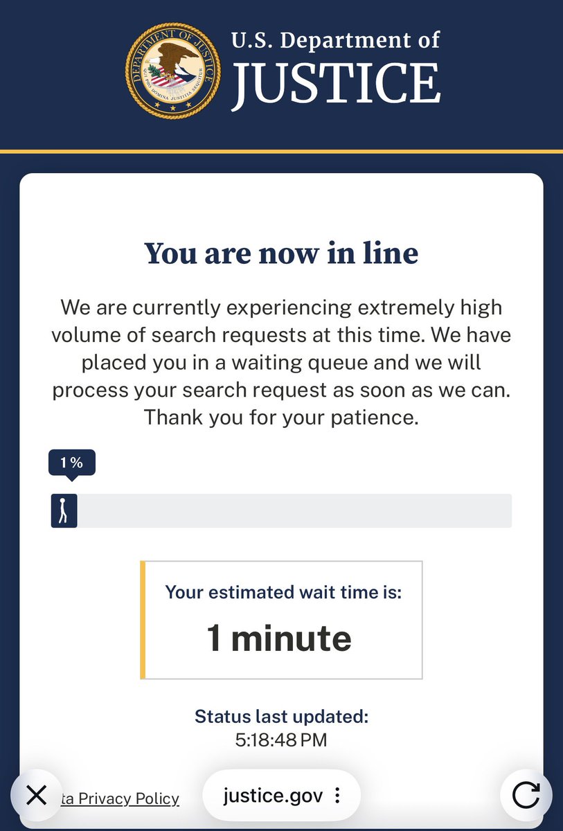 The DOJ website has a fucking waiting queue to read the Epstein files like we waiting to buy comic con passes