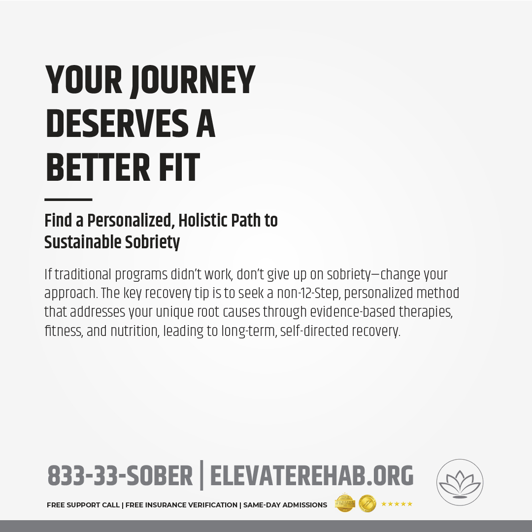 RehabElevate's tweet image. If traditional #methods haven't worked, don't quit. The secret to lasting #sobriety is finding a program that truly fits you. Elevate offers a personalized, #non12Step #HolisticRecovery path. What's the best advice you got early in #Recovery? elevaterehab.org/why-non-12-ste…