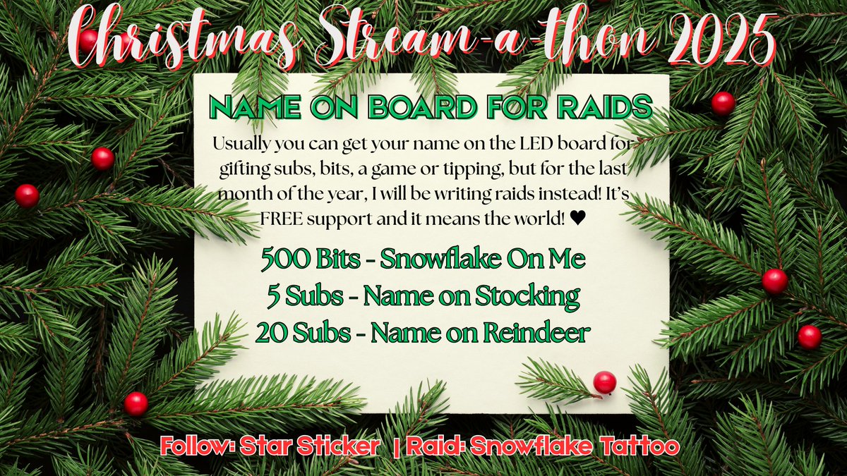 🎀 Annual Christmas Stream-a-thon 🎀

Where: twitch.tv/mslilacqueen
When: December 21st-27th, 2025