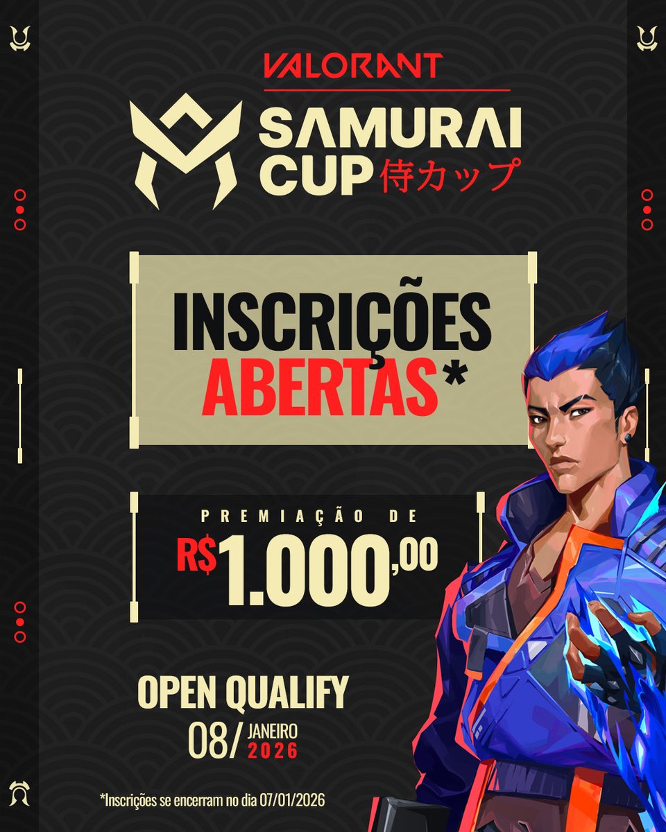 japaofc_esports's tweet image. SAMURAI CUP ESTÁ DE VOLTA E VOCÊ PODE DISPUTAR

Essa é sua oportunidade de começar sua jornada no Tier 3 brasileiro e disputar 1000 reais

Serão até 32 equipes no Open Qualifier então corra para garantir sua vaga até dia 08/01

INSCRIÇÃO NO REPLY

#SamuraiCup
