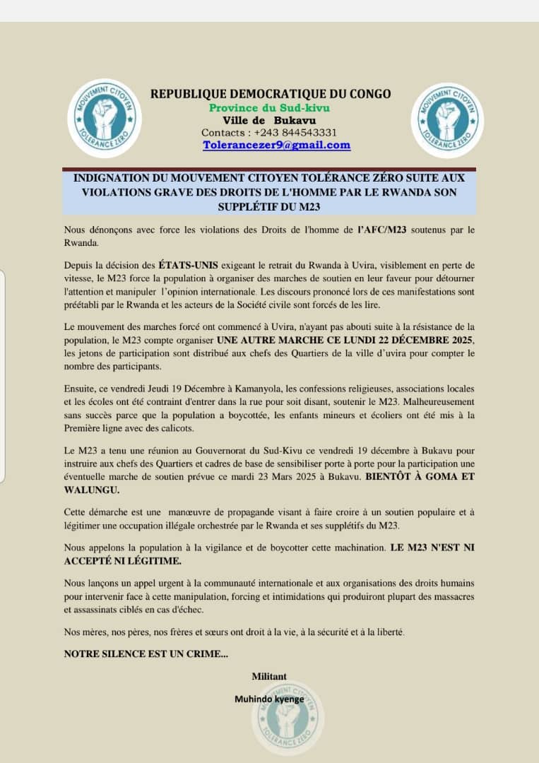 Bukavu: Dans un communiqué,le Mouvement TOLÉRANCE ZÉRO dénonce une campagne de manipulation e instrumentalisation de l'opinion par l'AFC_M23, forçant la population à prendre part à des manifestations forcées pour se crédibiliser dans l'opinion.Un acte violation flagrante de DUH