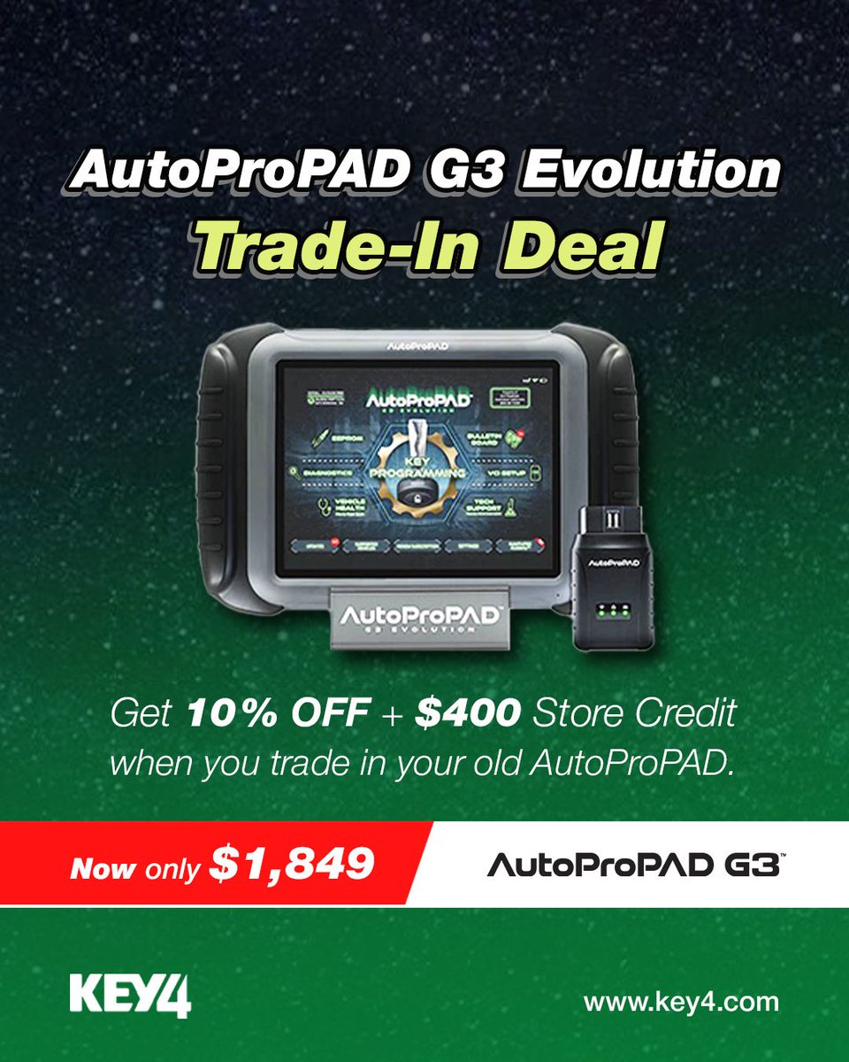 key4com's tweet image. 🔥 AutoProPAD G3 Evolution Trade-In Deal
Upgrade your programming power today!
💥 Get 10% OFF + $400 Store Credit when you trade in your old AutoProPAD.
Now only $1,849
Limited time offer!

👉 Upgrade now at KEY4.com

#KEY4 #AutoProPAD #TradeInDeal #KeyProgrammer