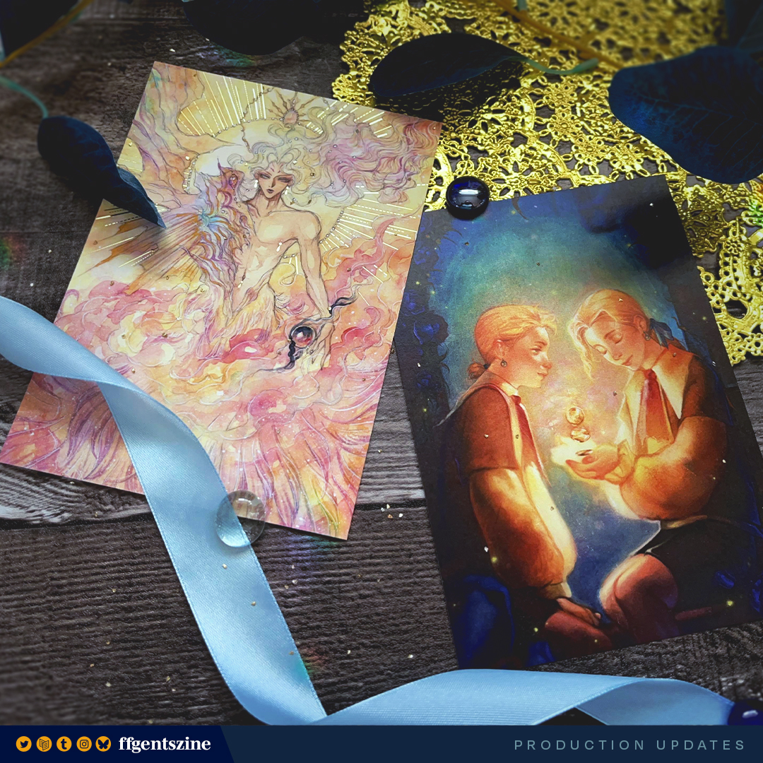 ffgentszine's tweet photo. ☀️ PRODUCTION UPDATES 🛠️

Excited to take a closer look at our early bird and stretch goal prints by the incredible @KuShu_Art and @munxhii 💙 They shine even brighter with a foil and shimmer finish, a special keepsake for any fan 🤩 We can't get enough of them! ✨ https://t.co/NHyt5ZiQVK
