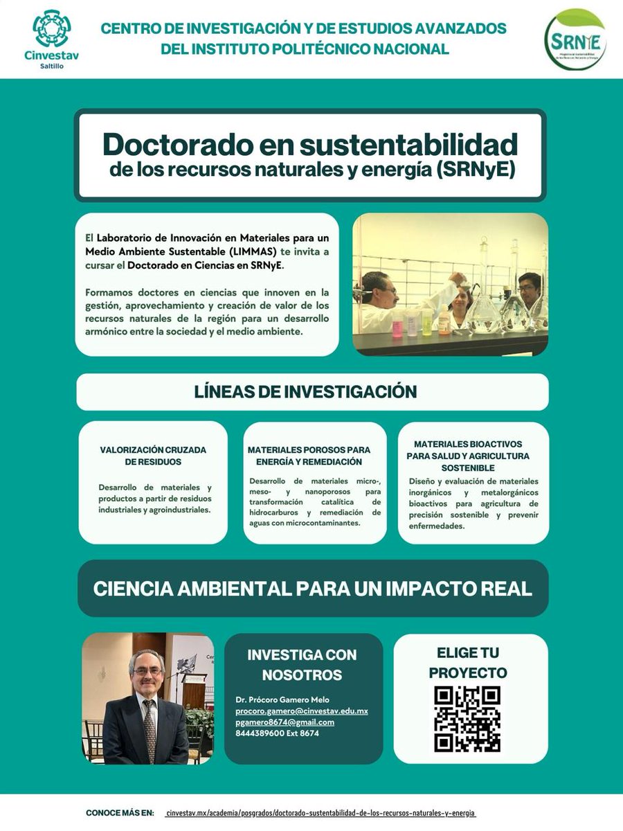 El Laboratorio de Innovación en Materials para un
Medio Ambiente Sustentable (LIMMAS) te invita a
cursar el Doctorado en Ciencias en SRNyE. Información directa con el Dr. Prócoro Gamero Melo 👇 #remediaciondeaguas #materialesadsorbentes #zeolitas