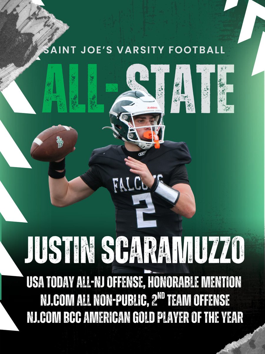 StJoesMetuchen's tweet image. Kudos to the following Saint Joseph Football players for being recognized as some of the best across New Jersey: 
Quarterback Justin Scaramuzzo '26, Defensive End CJ Edwards '26, Defensive Back Reggie Bropleh '26