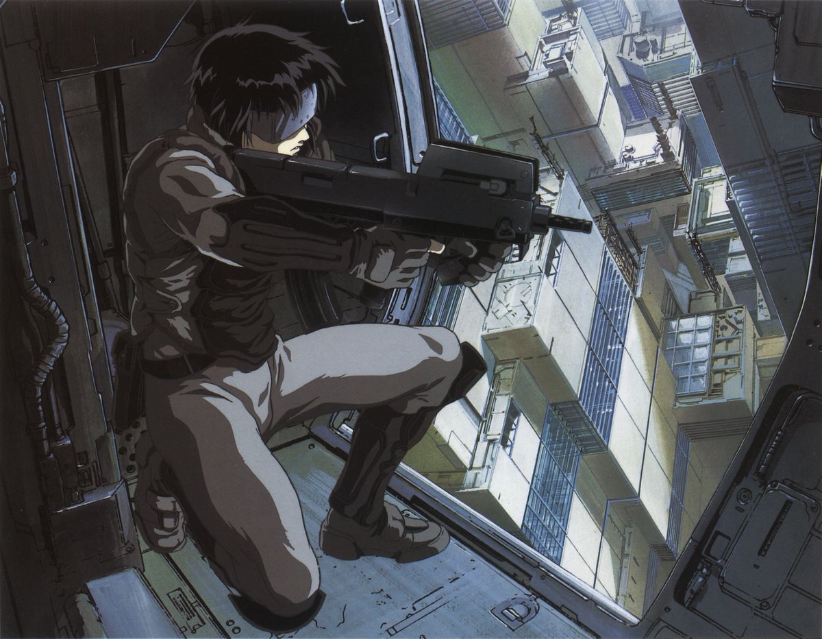 shmupdb's tweet image. Ghost in the Shell (1995). Character design and animation direction by Hiroyuki Okiura, based on the original manga of Masamune Shirow. This key promotional art highlights a shift toward a more realistic and grounded aesthetic.