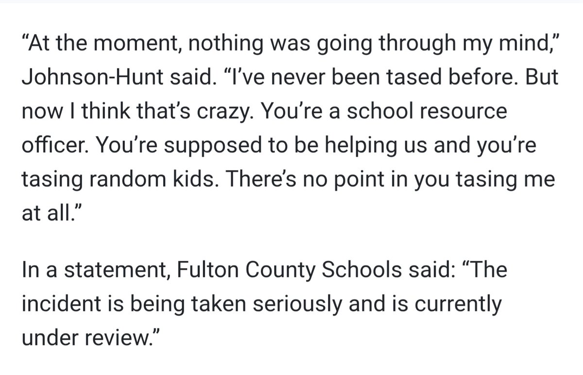 <a href="/BamjcastA/">mary a martin 💕🎶😉🇺🇸</a> The kid who was the victim seems to have a good head on his shoulders:

"You’re a school resource officer. You’re supposed to be helping us and you’re tasing random kids. There’s no point in you tasing me at all.”