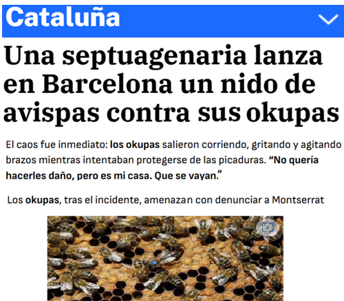 Cuando una anciana no ve otra solución que usar lo poco que tiene en su huerto, avispas, contra los delincuentes que han okupado su casa porque sabe que policía y políticos pasan olímpicamente de su problema.

Todo el apoyo a Montserrat.