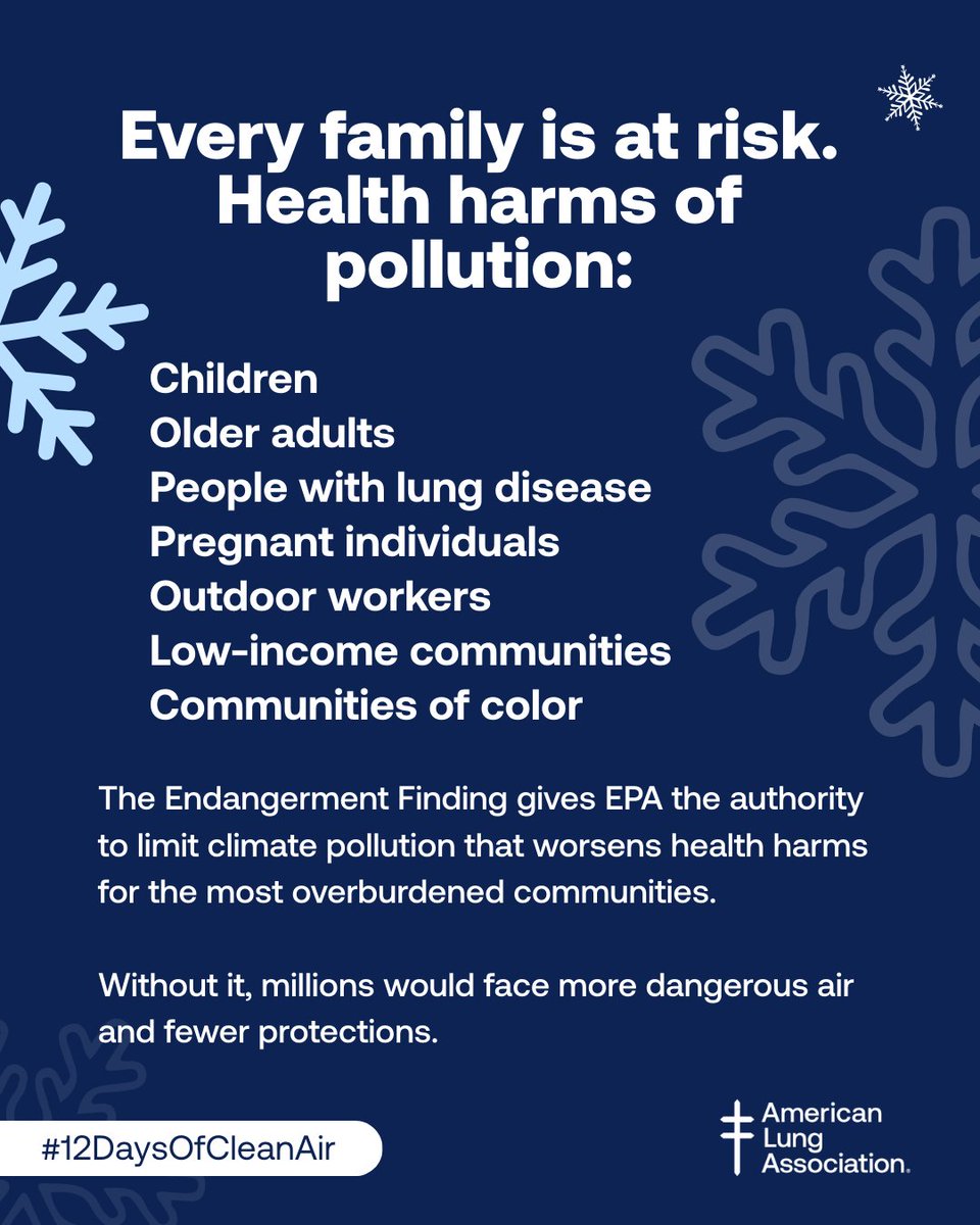LungAssociation's tweet image. The Clean Air Act requires EPA to limit pollution that worsens health harms for the most overburdened communities. Without it, millions would face more dangerous air and fewer protections. #12DaysOfCleanAir #LungHealth #ClimateAction