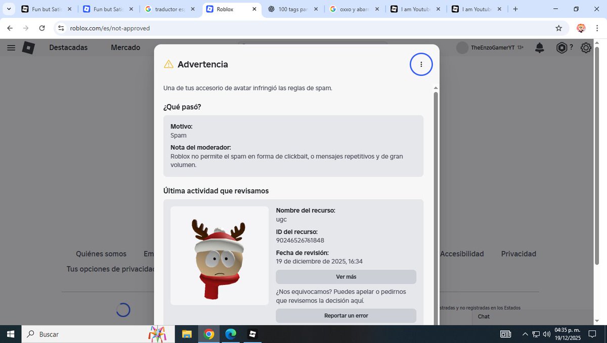 TheEnzoGamerYT's tweet photo. Roblox gave me a warning for spam???? It's so unfair that it was only a UGC item in collaboration with my friend, please @roblox help me https://t.co/lTq5TkQbDr