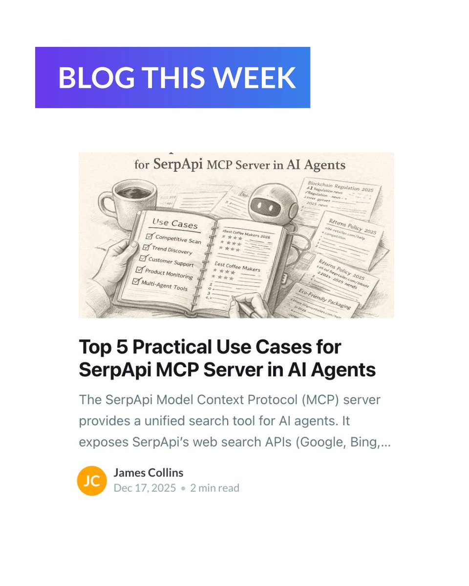 serpapi's tweet image. We’ve been working on something new! 🧠

Check out our latest blog post to see the top 5 use cases for SerpApi MCP Server in AI agents.

Read more 👉 serpapi.com/blog/top-5-pra…

#SerpApi #SearchEngine #Scraping #Serp #SearchEngineScraping #APIs