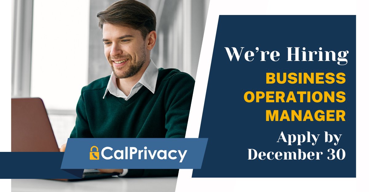 CalPrivacy's tweet image. We’re hiring a Business Operations Manager (SSM II) to lead complex IT and non-IT procurements, oversee contracting operations, to drive operational excellence at our agency. Apply by 12/30: calcareers.ca.gov/CalHrPublic/Jo…