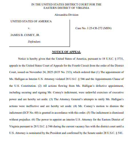 #Breaking DOJ appealed a decision from last month that dismissed the criminal indictments against James Comey and Letitia James on the grounds that Lindsey Halligan was unlawfully appointed to U.S. Attorney in the Eastern District of Virginia. <a href="/JakeMRosen/">jake rosen</a>