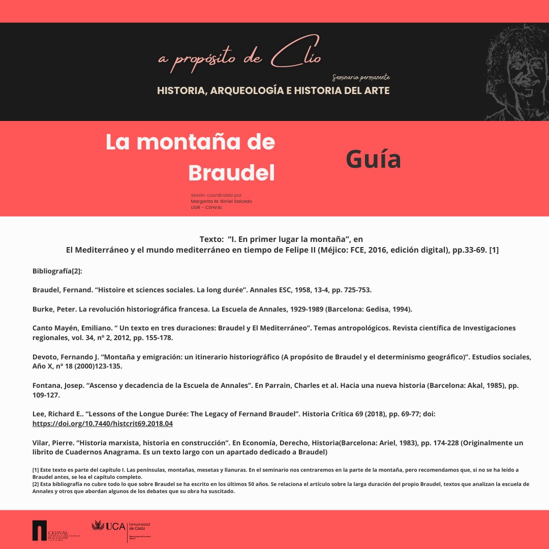 CEHVAL's tweet photo. I Sesión del Seminario Permanente A propósito de Clío
27/01/2026 | Modalidad virtual
La montaña de Braudel
Información e inscripción:
https://t.co/WZW9qwBbHW
#Historia #Historiografía #Braudel #CEHVAL #UGR https://t.co/deEzBZybHO